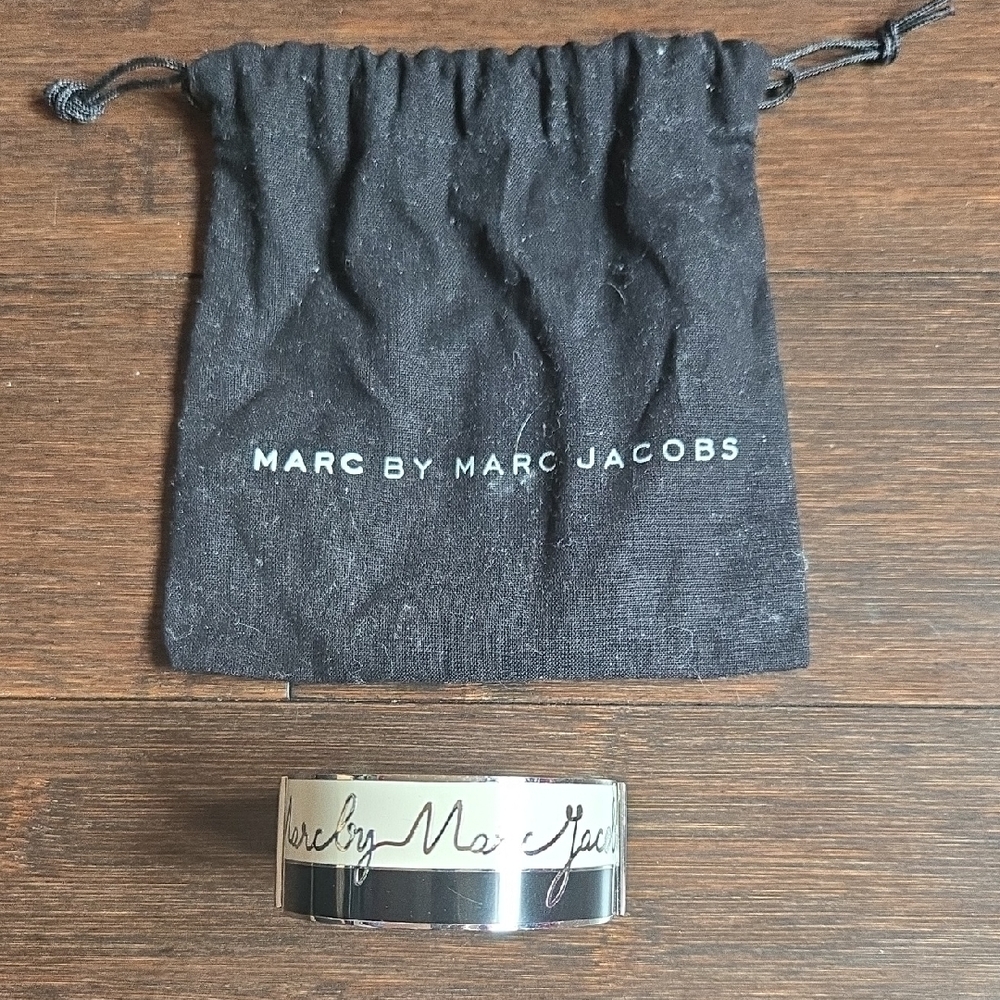 Marc by Marc Jacobs Silver Script Logo Wide Bangle with Branded Pouch